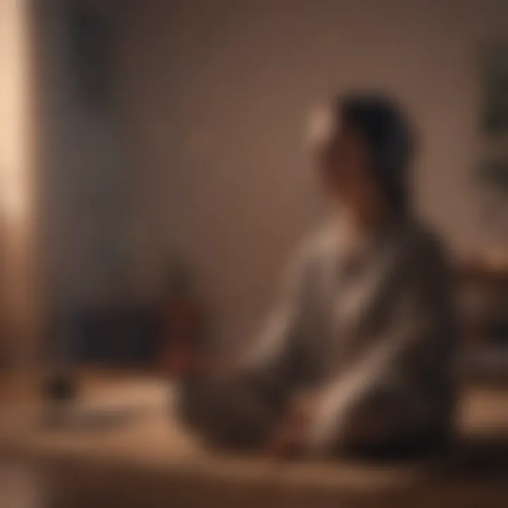 Individual meditating with headphones and soft lighting