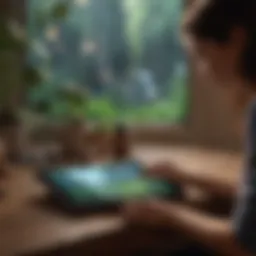 An immersive scene of a user engaging with a calming game app on a tablet.