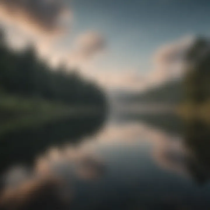 A tranquil lake reflecting the sky, embodying peace and mindfulness