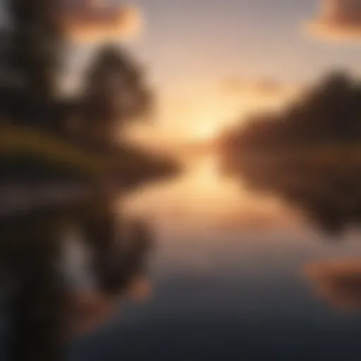 A tranquil landscape with a serene sunset reflecting on still water