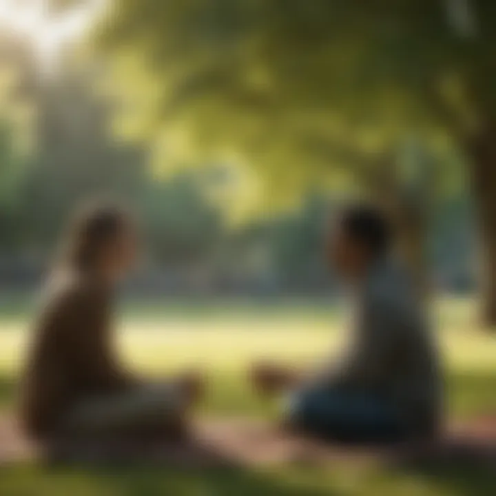 A serene park setting where two friends are enjoying a deep conversation