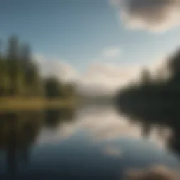 A serene landscape with a tranquil lake reflecting the sky
