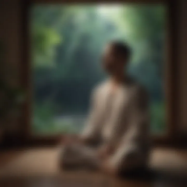 A person meditating with closed eyes in a tranquil setting