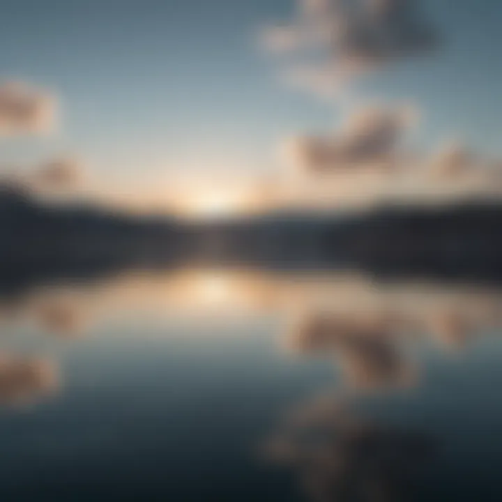 A close-up of a calm water surface reflecting a peaceful sky