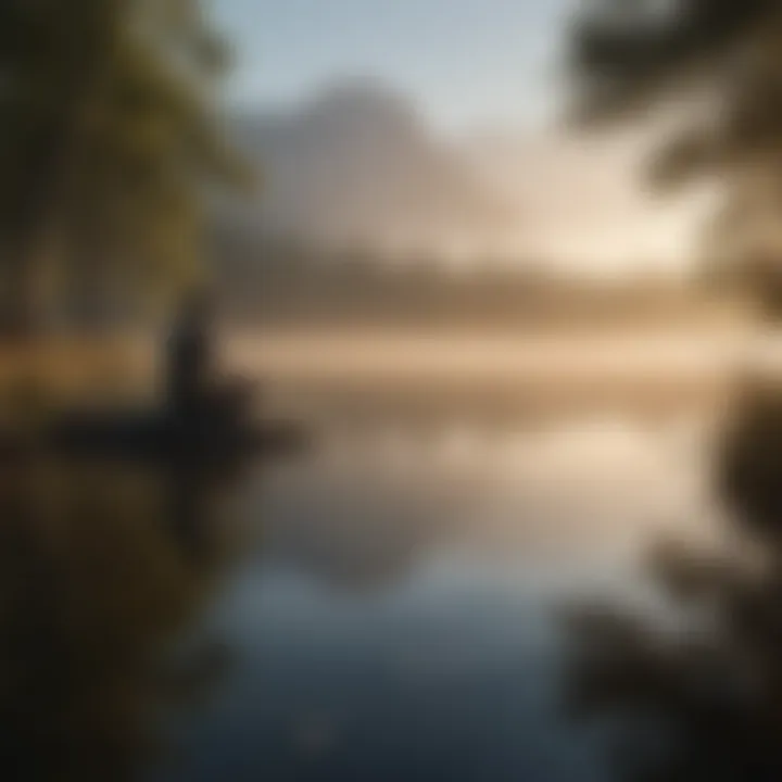 Serene image of a person meditating by a quiet lake at dawn