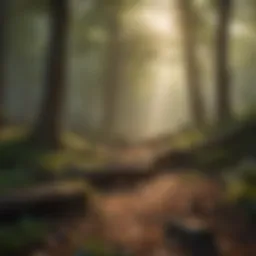 Serene morning scene with sunlight filtering through trees