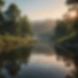 A serene landscape with a calm lake reflecting the sky