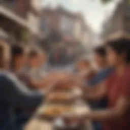 Illustration depicting the act of giving in a community setting.