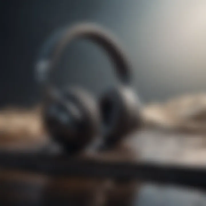 Headphones resting on a soft surface with ambient soundwave graphics