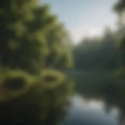 A serene landscape depicting a tranquil lake surrounded by lush greenery