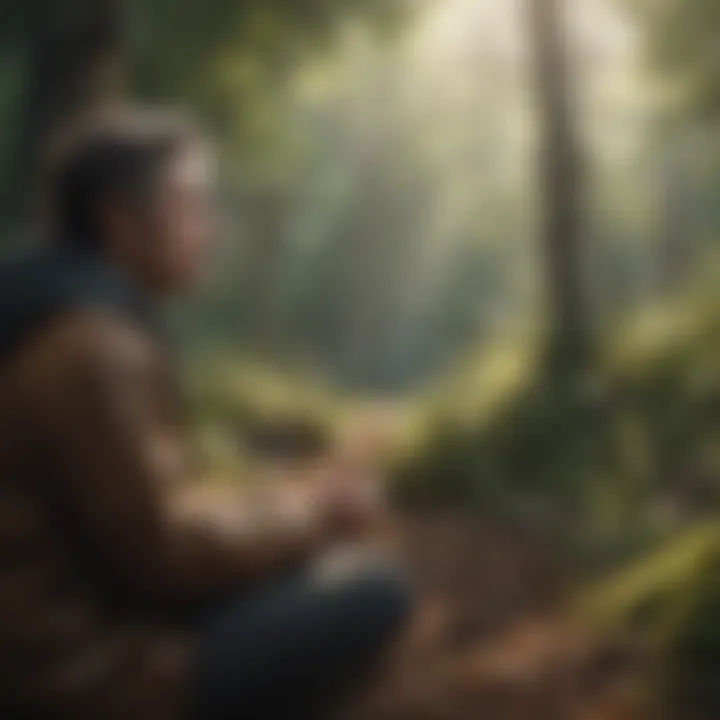 A person contemplating in a peaceful outdoor setting