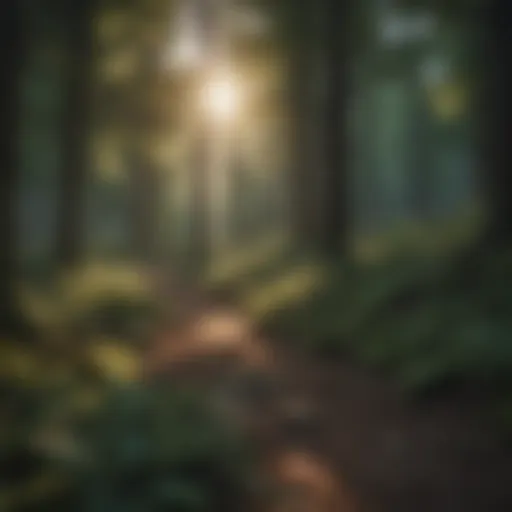 Serene forest landscape with sunlight filtering through trees