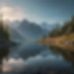 A serene landscape with mountains and a calm lake reflecting the sky
