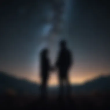 Silhouette of two figures facing each other under a starry night.