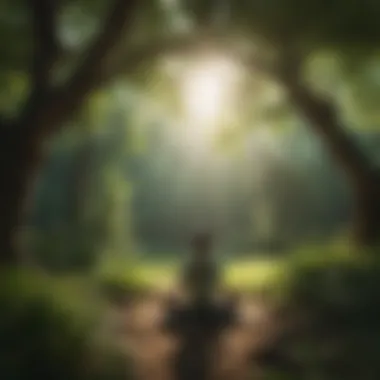 A person meditating in nature, surrounded by lush greenery and sunlight, embodying mindfulness and peace.