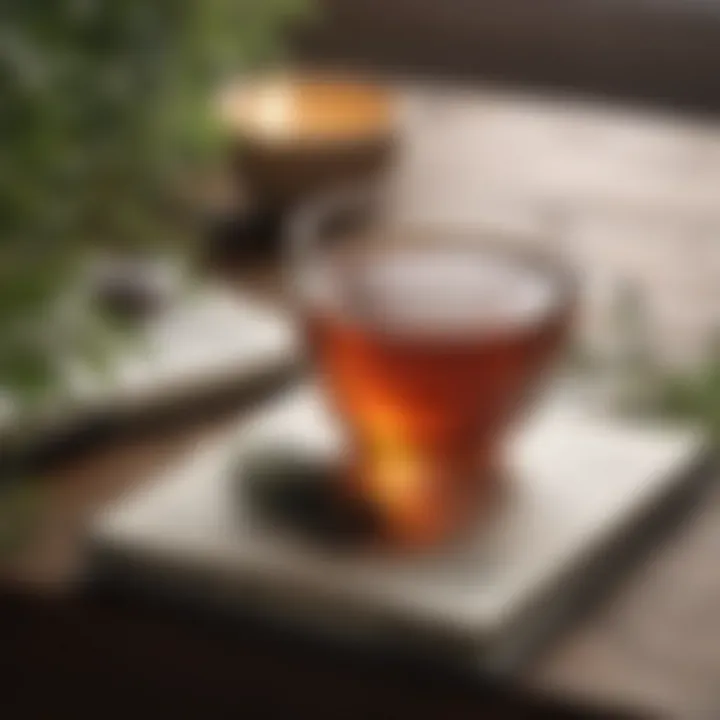 A close-up of a calming herbal tea with a notebook