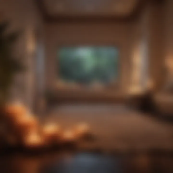 A peaceful meditation space with candles and soft lighting