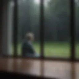 A tranquil scene depicting a solitary figure lost in thought by a window during rain