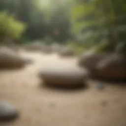 A tranquil zen garden with raked sand and stones