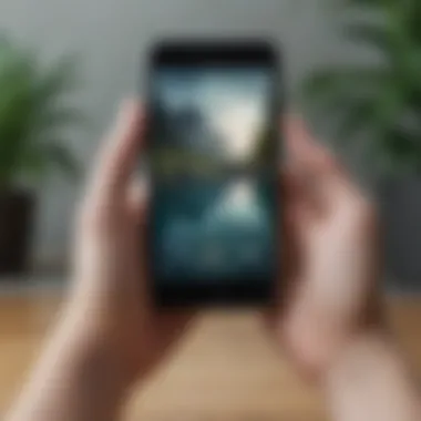 A close-up of a hand holding an iPhone displaying a peaceful game interface