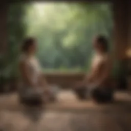 A serene couple practicing mindfulness together in a tranquil setting.
