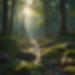 A tranquil forest scene with soft light filtering through the trees.