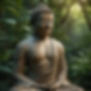 Serenity in Nature: The Buddha's Presence A serene Buddha statue surrounded by lush greenery