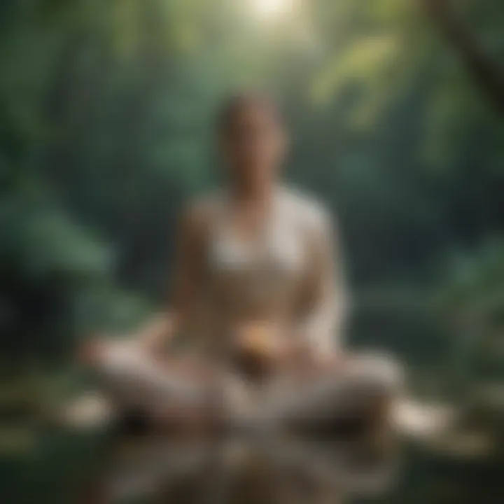 Meditative figure in lotus position against tranquil backdrop