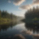 A serene landscape with a calm lake reflecting the sky