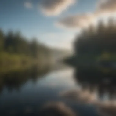 A serene landscape with a calm lake reflecting the sky