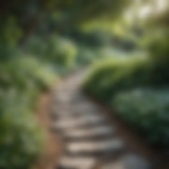 A close-up of a stone path leading through a tranquil garden