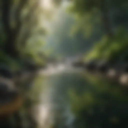 A tranquil landscape with flowing water and lush greenery, symbolizing peace.
