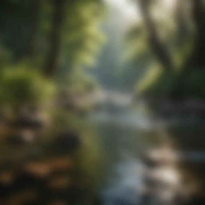 A tranquil nature scene with a flowing river and lush greenery.