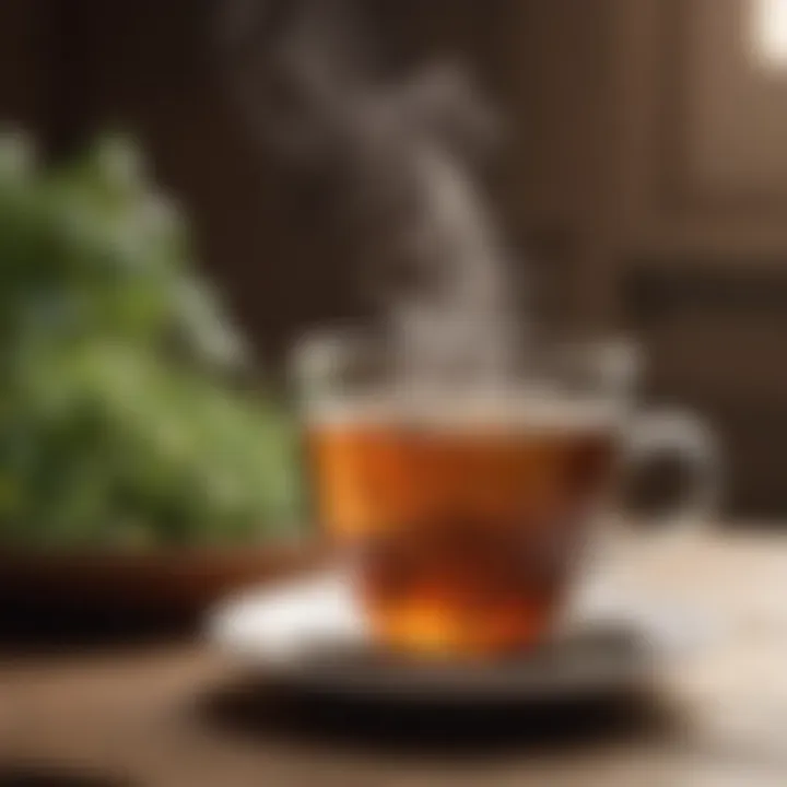 Close-up of a steaming cup of herbal tea on a wooden table