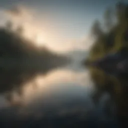 A serene landscape with calm waters reflecting the sky