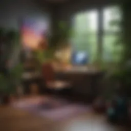 A vibrant workspace filled with greenery and colorful decor