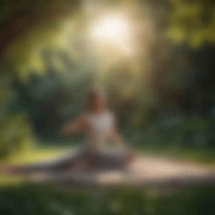 A person practicing yoga stretches in a tranquil garden setting