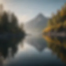 A serene landscape with a calm lake reflecting the sky.