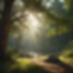 A serene landscape with soft sunlight filtering through trees, symbolizing tranquility and love.