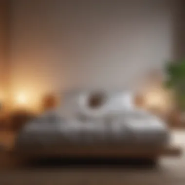 Calm bedroom with soft lighting and a meditation cushion