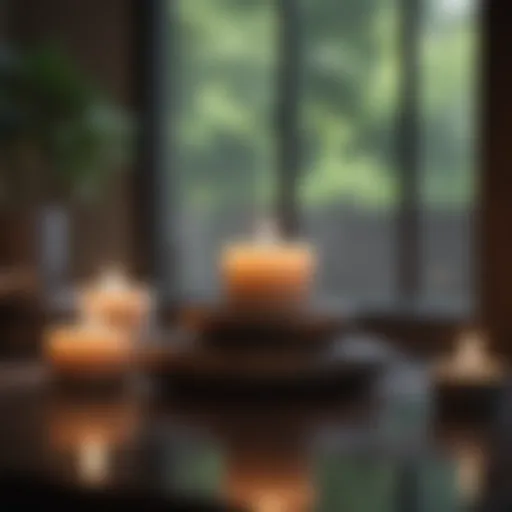 Tranquil meditation setting with candles and soft lighting