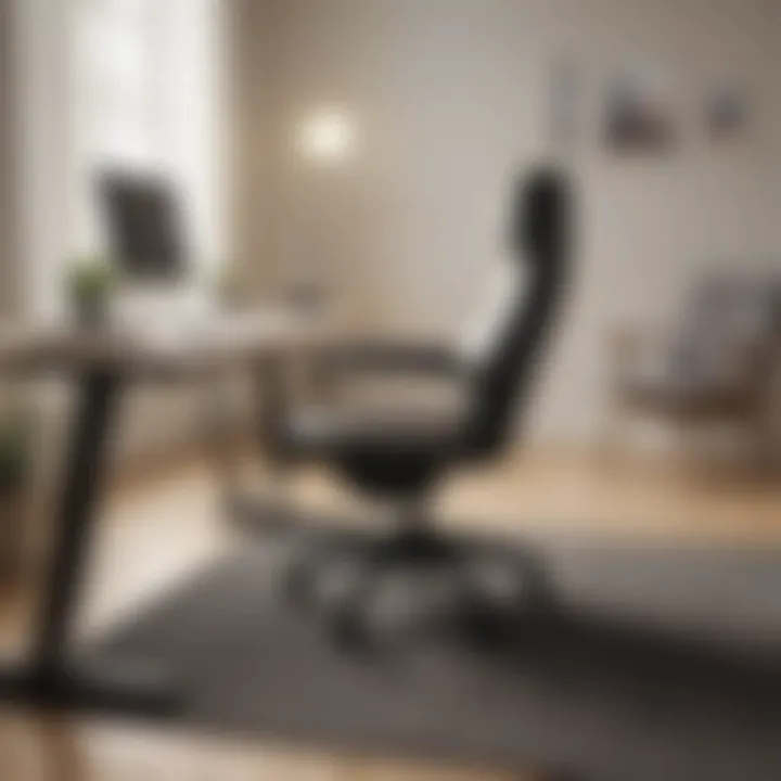 An organized desk featuring a chair and a yoga mat for stretching