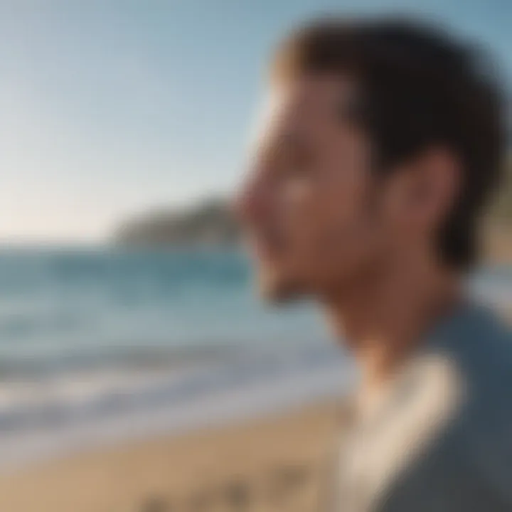 Close-up of a person in deep thought during meditation on a peaceful beach