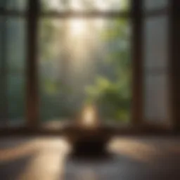 Serene morning meditation scene with sunlight streaming through a window