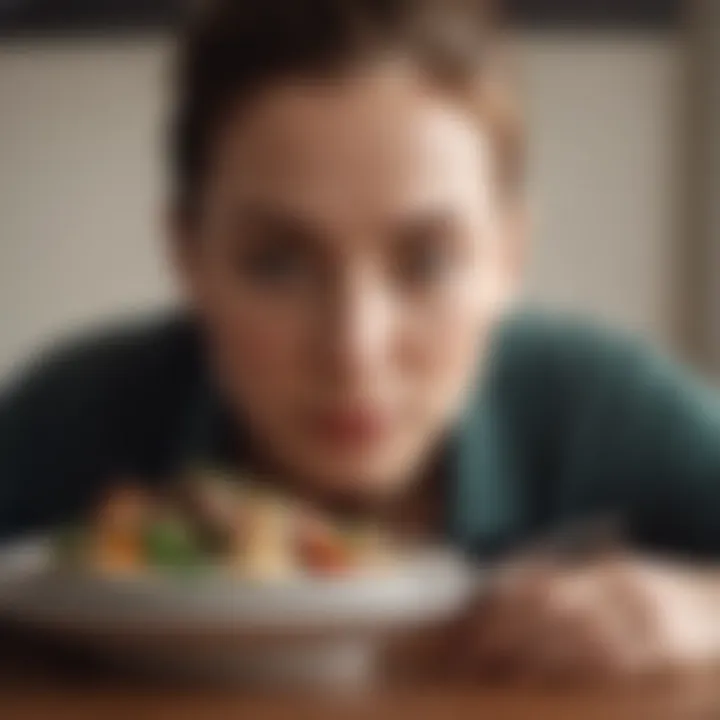 A close-up of a person mindfully enjoying a meal, focusing on each bite.