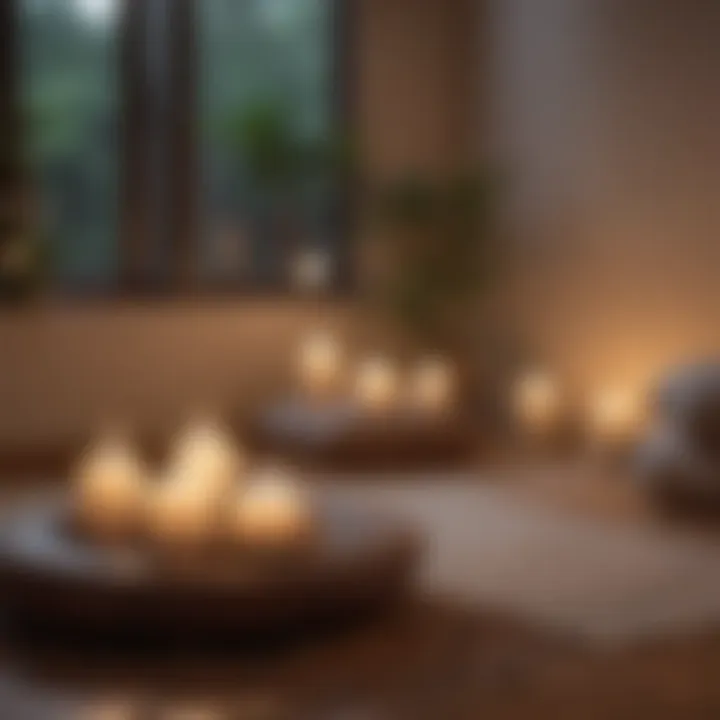 Close-up of a peaceful meditation space with candles and cushions