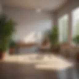 A serene office space with natural lighting and plants