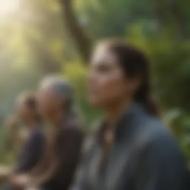 Participants engaging in a focused breathing exercise outdoors surrounded by nature