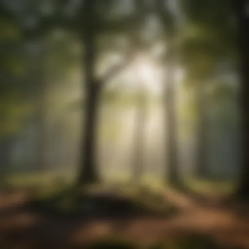 Tranquil morning ambiance with sunlight filtering through trees