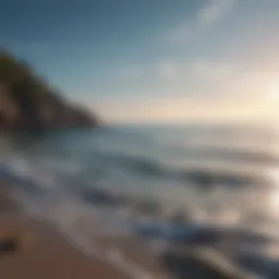 A serene landscape depicting a calm sea under a blue sky
